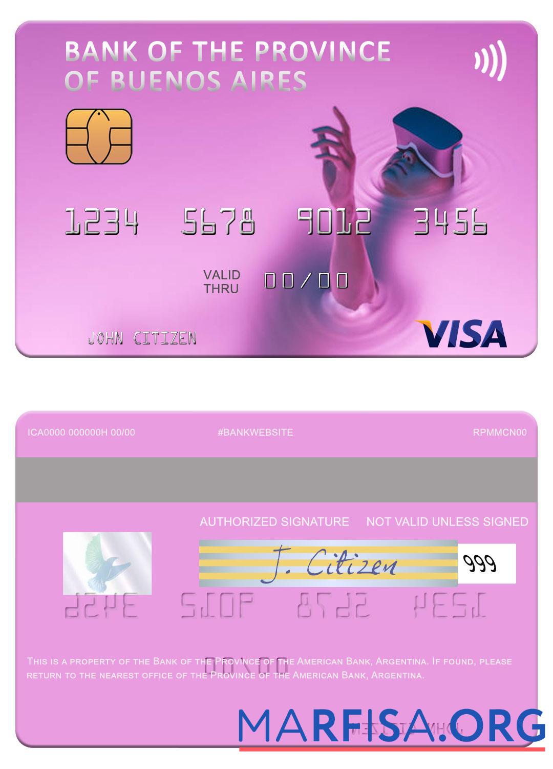 Realistic Argentina Bank of the Province of Buenos Aires visa card download for verification